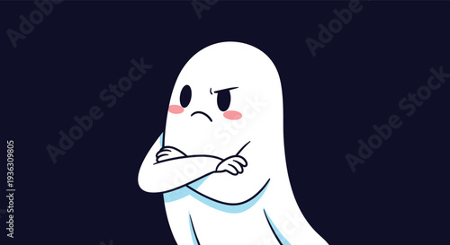 Grumpy cartoon ghost with arms crossed and a serious expression looking annoyed or stubborn on a dark blue background for emotional concepts.