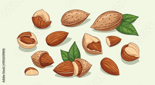 Large assortment of almond nuts in various forms including whole shells, cracked shells, and shelled seeds with green leaves on a light background.