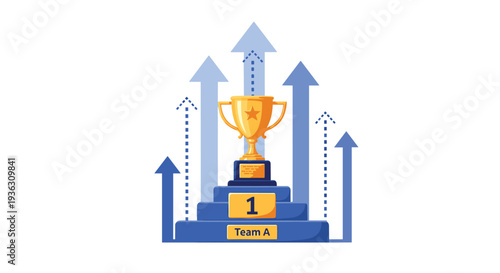 Success and victory concept showing a golden trophy cup on top of a winner podium with blue arrows pointing up for team achievement or ranking.