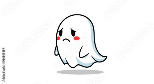Heartbreaking illustration of a sad little ghost looking down with drooping eyes and blushing cheeks expressing loneliness or disappointment.
