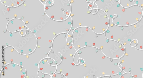 Seamless background pattern of tangled colorful Christmas light strings on a neutral gray background for festive holiday website design.