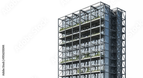 Multi-story building under construction with scaffolding, viewed from the side, showcasing the framework and construction site