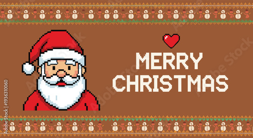Traditional pixel art holiday banner featuring a Santa Claus portrait and Merry Christmas text with a heart and festive patterned borders.