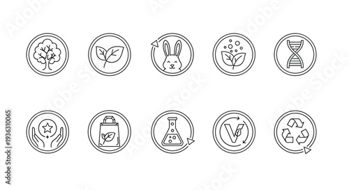 Large set of ten different product certification icons in a minimal line art style covering organic, vegan, cruelty free, and recycled labels.