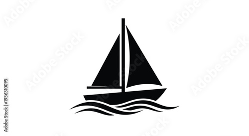 A simple black silhouette of a sailboat on wavy water