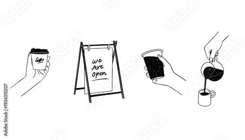 A coffee shop illustration set with a sign that says we are open