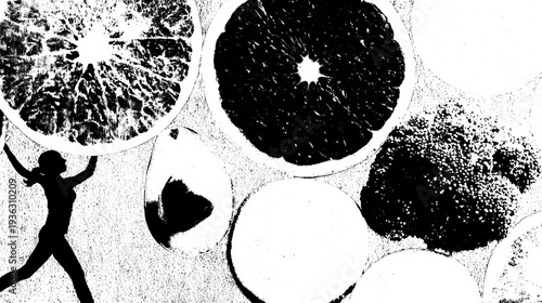 Creative Visual Metaphor Fitness Illustration: Woman Weightlifting Pose Holding Fruits Vegetables, Solid Blue Background, 