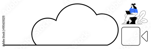 Cloud computing concept. Cloud design with a female character using a laptop signifies technology connection, cloud services, and remote work. For tech, connectivity, and digital services