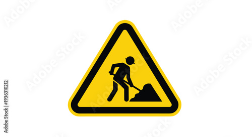 Yellow triangular warning sign featuring a black silhouette of a construction worker digging with a shovel on white background.