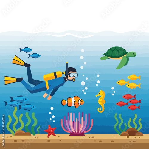 Scuba Diver Explores Vibrant Coral Reef with Sea Turtle, Clownfish, Seahorse