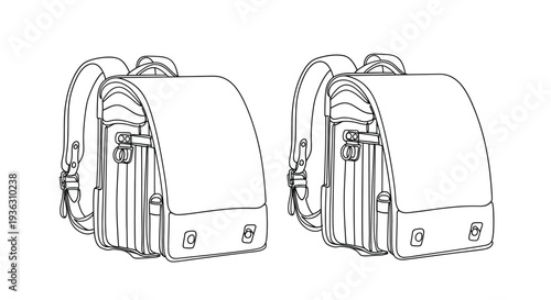 Two black and white line drawings of traditional japanese school backpacks