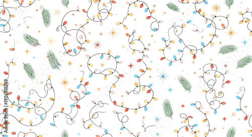 Festive seamless pattern background featuring colorful tangled christmas string lights, green pine leaves, and golden stars on white.