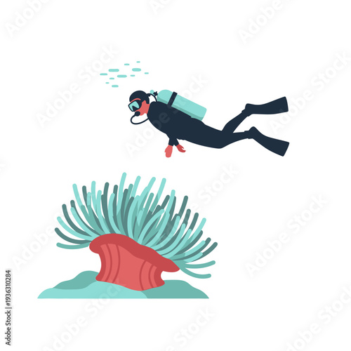 Scuba diver explores vibrant sea anemone on ocean floor, underwater adventure