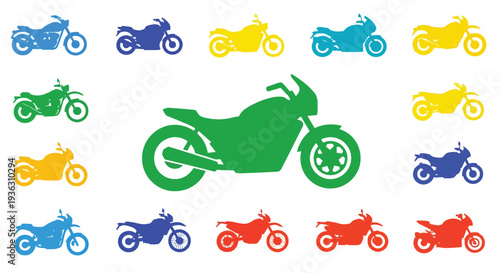 Colorful silhouettes of motorcycles arranged in a grid pattern