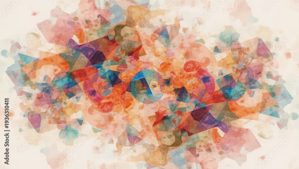 Fototapeta premium Layered geometric shapes—triangles, circles, squares—in different colors; watercolor and 3D effect