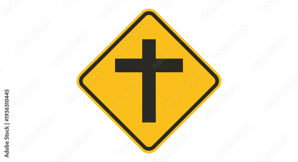 Obraz premium A yellow diamond-shaped road sign with a black cross symbol on a plain white background, viewed directly from the front