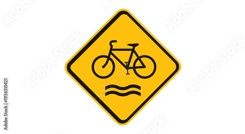 A yellow diamond-shaped warning sign featuring a bicycle and wavy lines indicating a bike path or cautionary notice for cyclists on a road or pathway