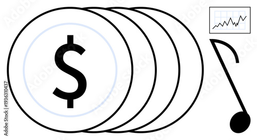 Finance, economics, investments, savings, economic growth, creativity. Dollar symbol on coins, rising chart and musical note. Finance and economics with creative symbolism