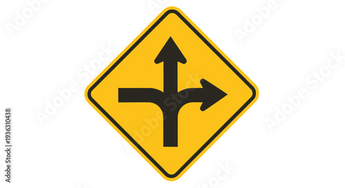 A yellow diamond-shaped road sign with black arrows pointing up, left, and right on a plain background