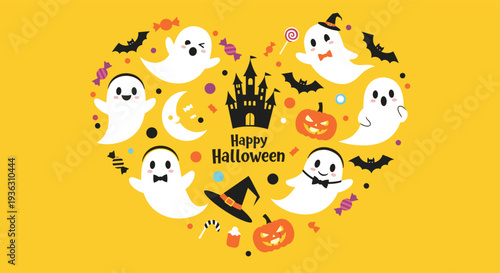 Heart shaped collage for happy halloween featuring ghosts, pumpkins, bats, witch hats, and a haunted castle on yellow background.