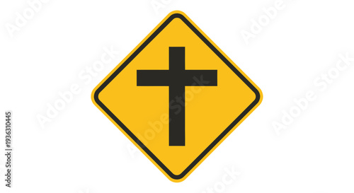 A yellow diamond-shaped road sign with a black cross symbol on a plain white background, viewed directly from the front