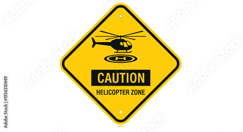 Caution sign with helicopter illustration indicating helicopter zone from a direct viewpoint