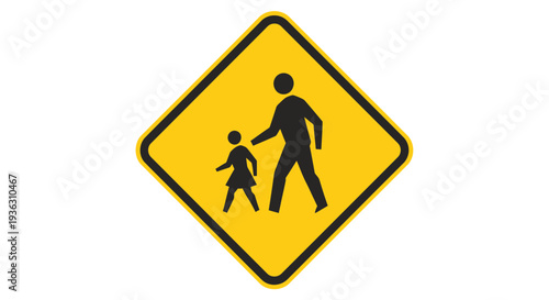 A pedestrian warning sign featuring a parent and child illustration, symbolizing caution for walkers, typically found on roadsides or near schools.