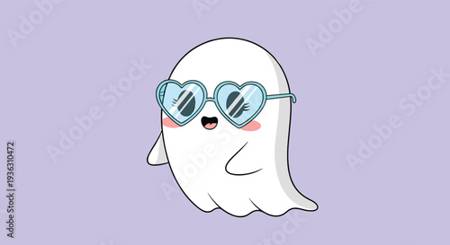 Stylish cartoon ghost wearing blue heart shaped sunglasses and blushing pink cheeks on a light purple background.