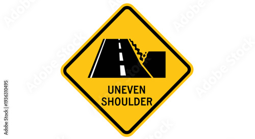 Road sign warning of uneven shoulder on a road from a driver's viewpoint