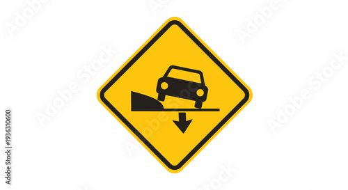 A yellow diamond-shaped warning sign with a black border and a car icon going down a steep slope