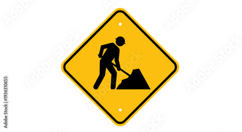 Worker shoveling dirt on a construction site depicted on a yellow warning sign viewed from the front