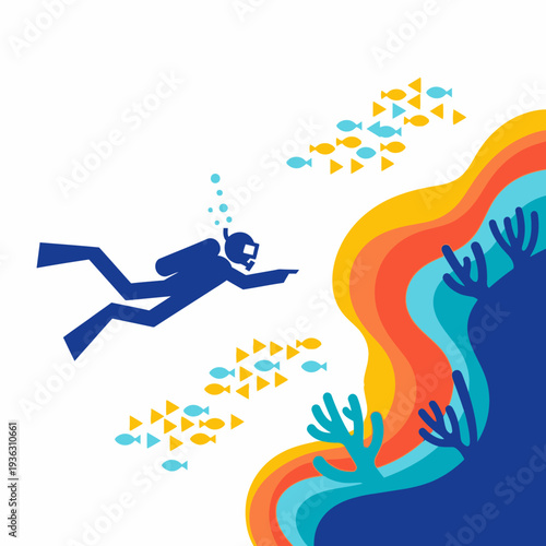 Scuba diver exploring colorful coral reef with school of fish underwater