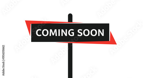 Modern coming soon announcement banner with white text on a black rectangle bordered by red geometric shapes.
