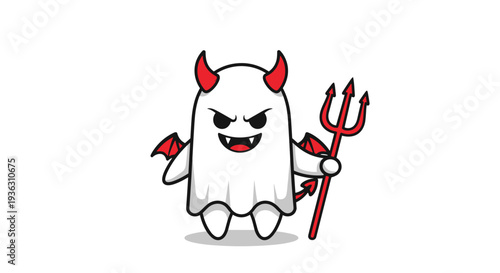 Angry cartoon ghost character with red devil horns, bat wings, and a pitchfork standing on a white background.