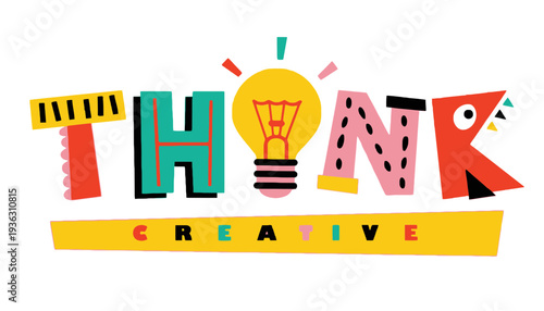 A creative think illustration with colorful typography and a lightbulb