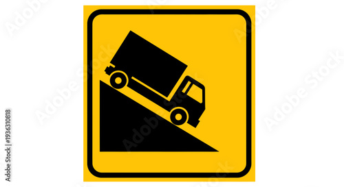 Truck falling down a steep slope illustrated in a warning sign