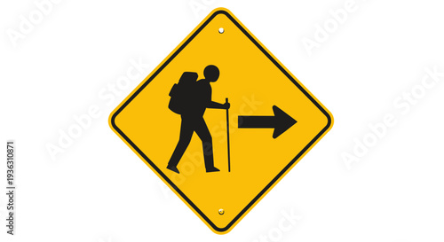 Hiker with backpack and trekking pole on yellow caution sign indicating direction