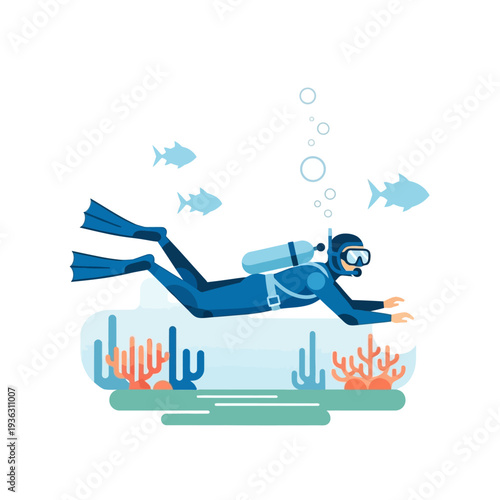 Scuba Diver Exploring Coral Reef with Fish and Bubbles