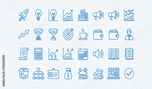 Collection of blue line icons representing business innovation and technology concepts high quality professional detailed modern