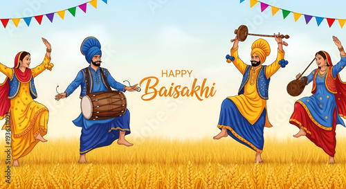 Punjabi bhangra dancers celebrating happy baisakhi in golden wheat harvest field with traditional dhol music colorful festival flags and vibrant punjab culture vector art