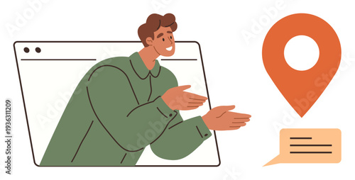 Business networking, online meetings, coworking, remote services, customer support, location tracking. Man in browser frame gestures to speech bubble and location pin. Business networking and online