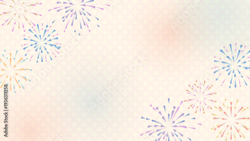 レトロな配色のカラフルな花火と和柄の16:9背景素材