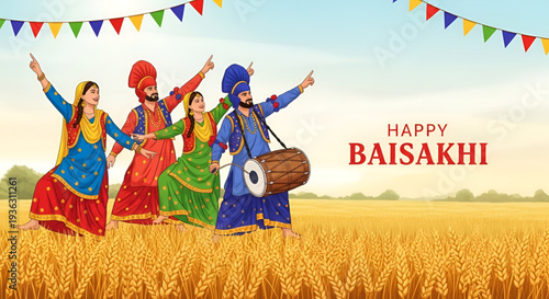 Punjabi folk dancers celebrating happy baisakhi in golden wheat field with dhol music festive flags and harvest joy vibrant punjab culture vector artwork