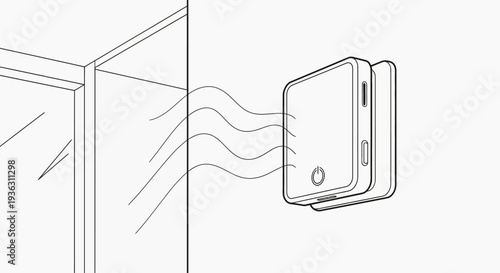 Modern air purifier device mounted on wall with airflow illustration.