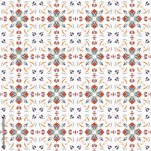 Mediterranean Modern Seamless Tile Pattern in Terracotta Teal and Blue Elegant Iberian Inspired Decorative Surface Repeat Soft Geometric Floral Tile Background, Warm Earth Tones for Wallpaper Textile