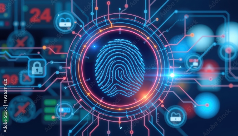 Obraz premium Digital fingerprint scan representing cybersecurity and data protection technology.