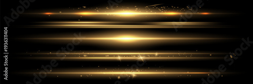 yellow horizontal lens flares pack. Laser beams, horizontal light rays. Beautiful light flares. Glowing streaks on dark background. Luminous abstract sparkling lined background.