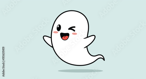Joyful and friendly cartoon ghost character winking and floating with a happy smile on a light blue background.