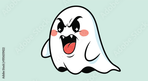 Aggressive and angry cartoon ghost character charging forward with mouth open and stars in eyes on light blue background.