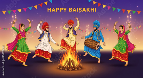 Baisakhi harvest festival vector illustration showing punjab folk dancers performing bhangra around bonfire with music celebration culture and happy baisakhi greeting